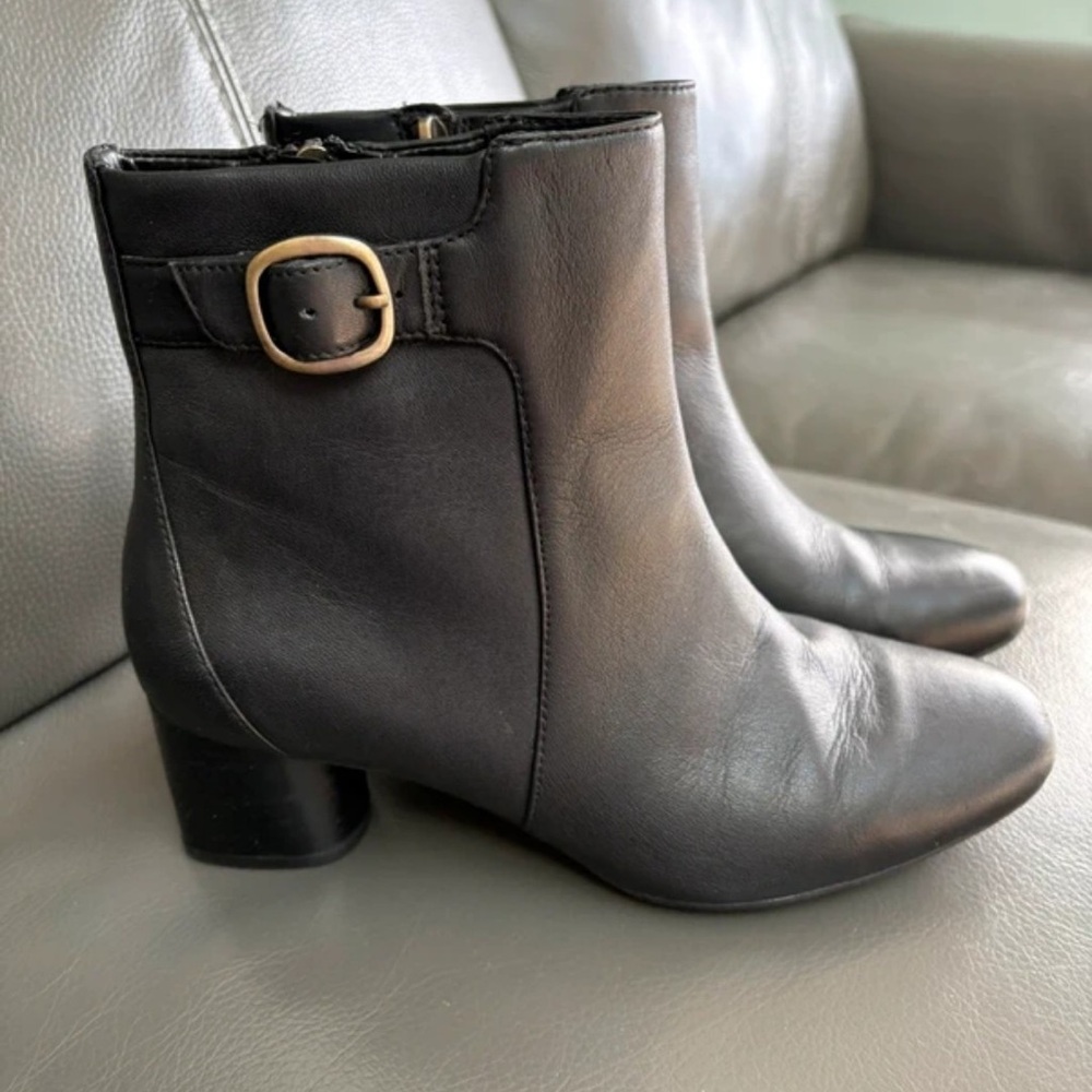 Clarks Black Ankle Boots with Gold Buckle